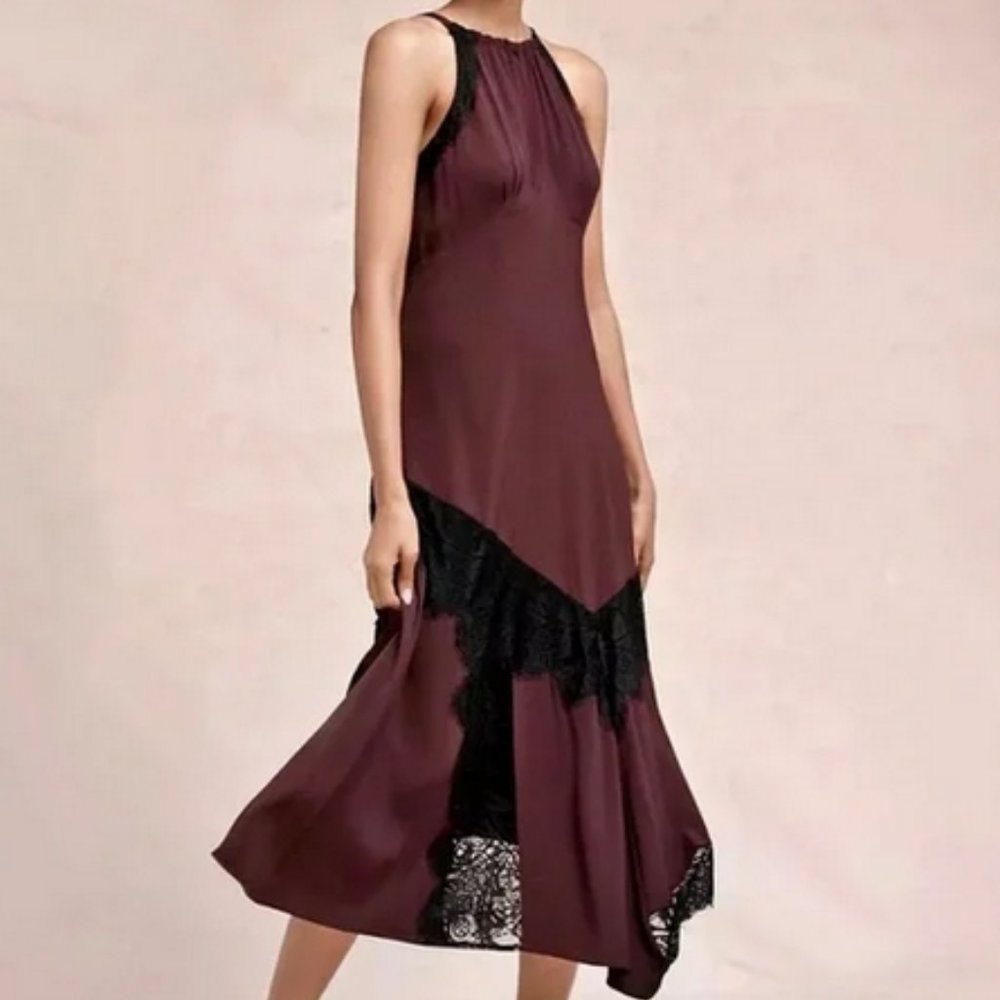 ANTHROPOLOGIE Moulinette Souers Wine w/ Lace Trim Halter Dress SIZE 6